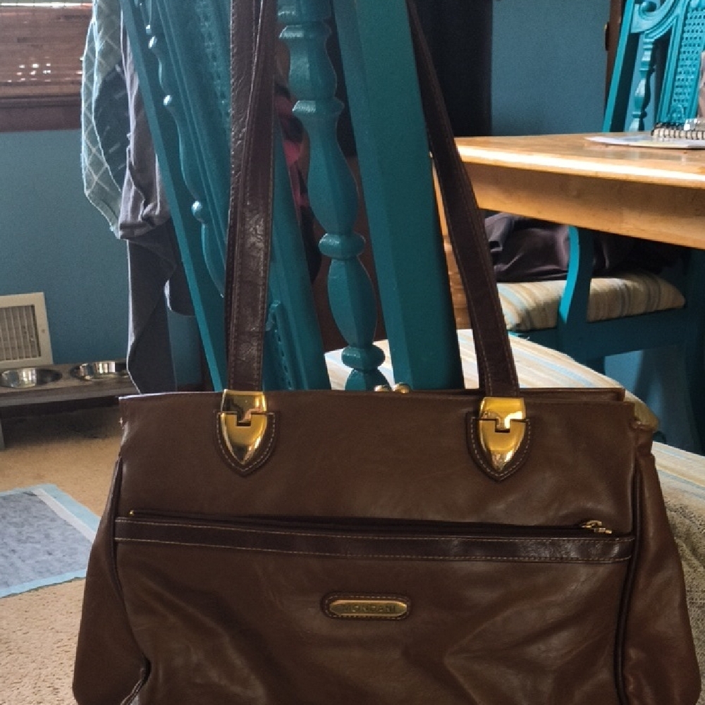 Mondani Brown and Gold Shoulder Bag with Elegant Buckle Accents